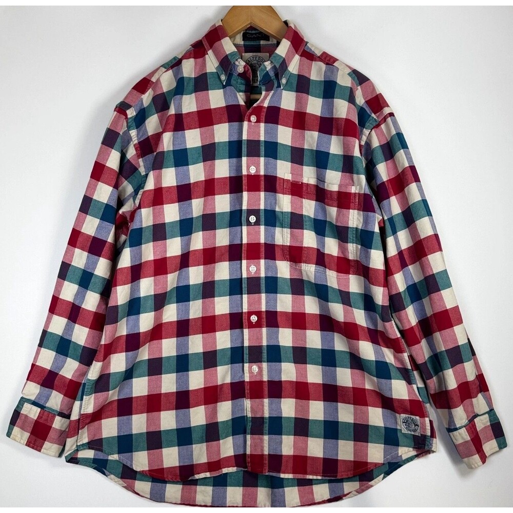 Gant Salty Dog Washed Shirt Mens Medium Red Blue Plaid Button Down Cotton Preppy